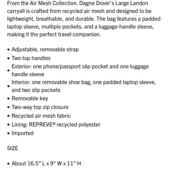 DAGNE DOVER NEW Dark Moss Landon Carryall Air Mesh Duffel Bag Large Green - Picture 9 of 12